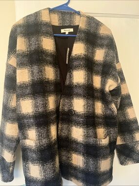 Madewell Black and Cream Plaid Wool-Blend Peacoat